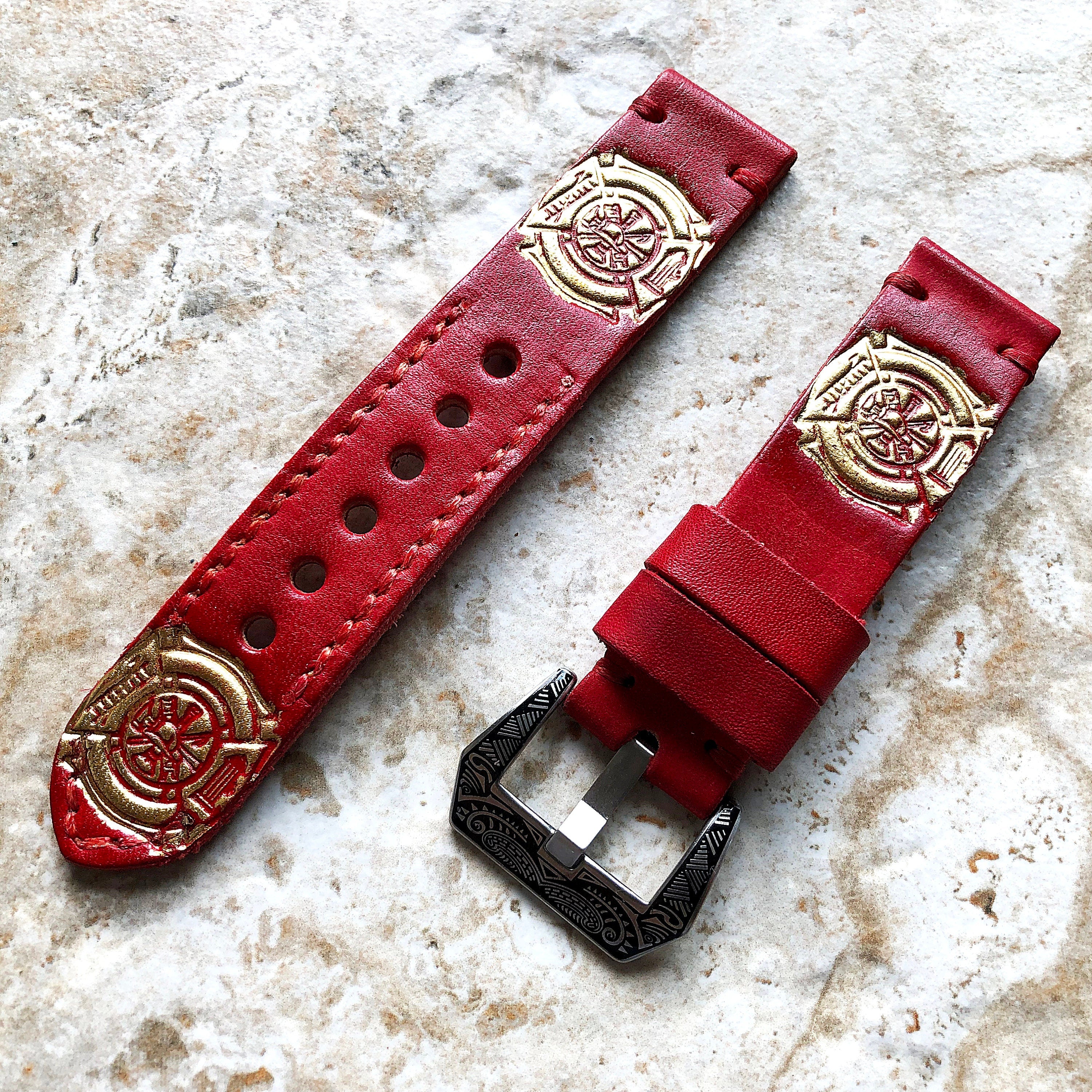 Firefighter Badge Band 22mm 24mm 25mm Compatible with Apple Watch Fitbit Versa 2 3 4 Sense 2 Ionic Accented Embossed Handmade Leather Strap
